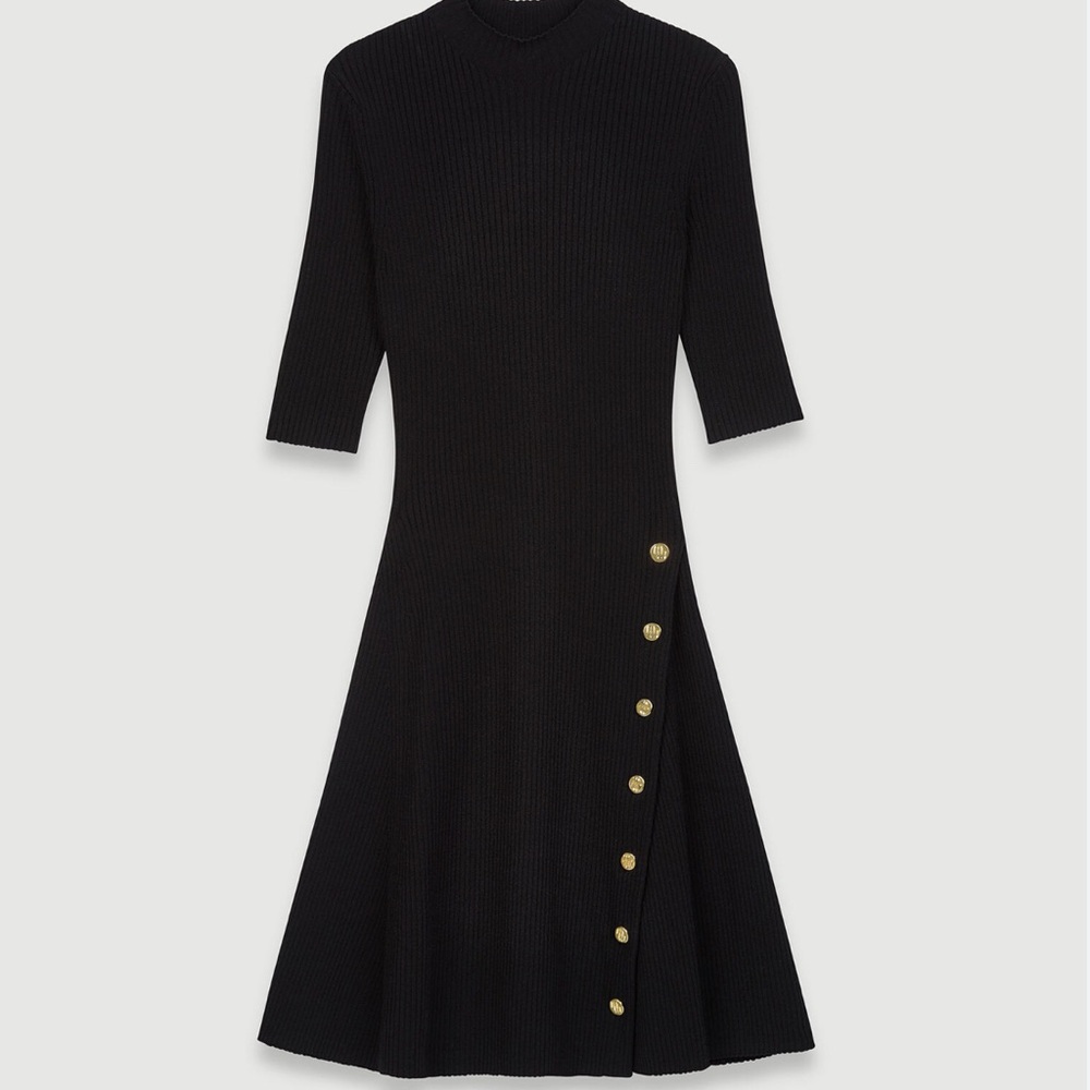 Maje Black Dress with Gold Button Accents Size EU 38